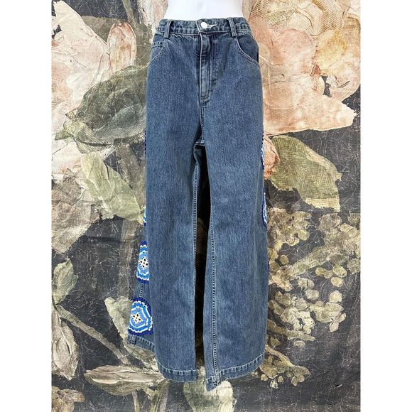 New Free People x Carleen High-Rise Crochet Wide-Leg Jeans Size 10 - Picture 3 of 6